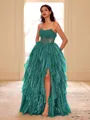 Unique A-line Straight Cascading Ruffles Floor-Length Corset Prom Dress