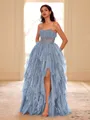 Unique A-line Straight Cascading Ruffles Floor-Length Corset Prom Dress