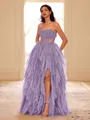 Unique A-line Straight Cascading Ruffles Floor-Length Corset Prom Dress