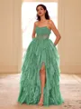 Unique A-line Straight Cascading Ruffles Floor-Length Corset Prom Dress
