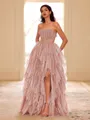 Unique A-line Straight Cascading Ruffles Floor-Length Corset Prom Dress
