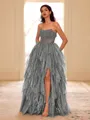 Unique A-line Straight Cascading Ruffles Floor-Length Corset Prom Dress