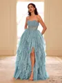 Unique A-line Straight Cascading Ruffles Floor-Length Corset Prom Dress