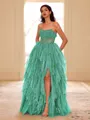Unique A-line Straight Cascading Ruffles Floor-Length Corset Prom Dress