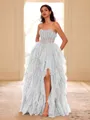 Unique A-line Straight Cascading Ruffles Floor-Length Corset Prom Dress