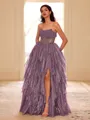 Unique A-line Straight Cascading Ruffles Floor-Length Corset Prom Dress