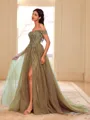 Stunning A-line Off-the-Shoulder Appliques Lace Sweep Train Tulle Corset Prom Dress