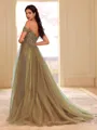 Stunning A-line Off-the-Shoulder Appliques Lace Sweep Train Tulle Corset Prom Dress