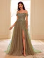Stunning A-line Off-the-Shoulder Appliques Lace Sweep Train Tulle Corset Prom Dress