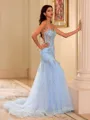 Chic Sheath Spaghetti Straps Appliques Lace Court Train Tulle Corset Prom Dress