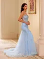 Chic Sheath Spaghetti Straps Appliques Lace Court Train Tulle Corset Prom Dress
