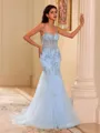 Chic Sheath Spaghetti Straps Appliques Lace Court Train Tulle Corset Prom Dress