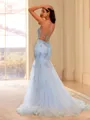 Chic Sheath Spaghetti Straps Appliques Lace Court Train Tulle Corset Prom Dress