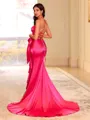 Perfect Sheath V-Neck Bow Court Train Silk Like Satin Corset Prom Dress