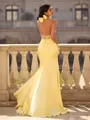 Fashion Sheath Halter Bow Sweep Train Silk like Satin Corset Prom Dress