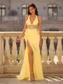Fashion Sheath Halter Bow Sweep Train Silk like Satin Corset Prom Dress