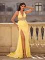Fashion Sheath Halter Bow Sweep Train Silk like Satin Corset Prom Dress