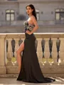 Glam Sheath Straight Appliques Lace Sweep Train Silk Like Satin Prom Dress