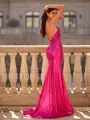 Delicate Sheath V-Neck Bow Sweep Train Metallic Satin Prom Dress