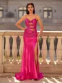 Delicate Sheath V-Neck Bow Sweep Train Metallic Satin Prom Dress