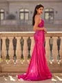 Delicate Sheath V-Neck Bow Sweep Train Metallic Satin Prom Dress