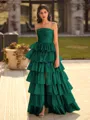 Exquisite A-line Straight Cascading Ruffles Floor-Length Taffeta Prom Dress