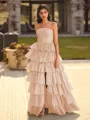 Exquisite A-line Straight Cascading Ruffles Floor-Length Taffeta Prom Dress