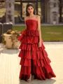 Exquisite A-line Straight Cascading Ruffles Floor-Length Taffeta Prom Dress