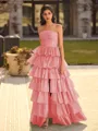 Exquisite A-line Straight Cascading Ruffles Floor-Length Taffeta Prom Dress
