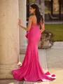 Graceful Sheath Straight Bow Sweep Train Jersey Corset Prom Dress