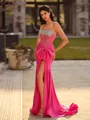 Graceful Sheath Straight Bow Sweep Train Jersey Corset Prom Dress