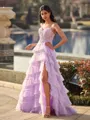 Enchanting A-line Spaghetti Straps Appliques Lace Sweep Train Tulle Corset Prom Dress