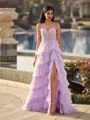 Enchanting A-line Spaghetti Straps Appliques Lace Sweep Train Tulle Corset Prom Dress