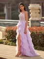 Enchanting A-line Spaghetti Straps Appliques Lace Sweep Train Tulle Corset Prom Dress