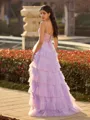 Enchanting A-line Spaghetti Straps Appliques Lace Sweep Train Tulle Corset Prom Dress