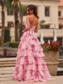 Pink Floral Strapless Satin Corset Ball Gown with Chiffon Ruffle Skirt Slit Prom Prom Dress