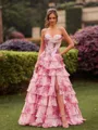 Pink Floral Strapless Satin Corset Ball Gown with Chiffon Ruffle Skirt Slit Prom Prom Dress