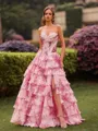Pink Floral Strapless Satin Corset Ball Gown with Chiffon Ruffle Skirt Slit Prom Prom Dress