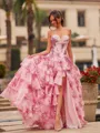 Pink Floral Strapless Satin Corset Ball Gown with Chiffon Ruffle Skirt Slit Prom Prom Dress
