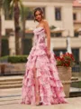 Pink Floral Strapless Satin Corset Ball Gown with Chiffon Ruffle Skirt Slit Prom Prom Dress