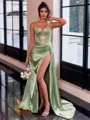 Perfect Sheath Spaghetti Straps Appliques Lace Sweep Train Silk Like Satin Corset Prom Dress
