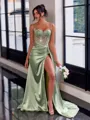 Perfect Sheath Spaghetti Straps Appliques Lace Sweep Train Silk Like Satin Corset Prom Dress