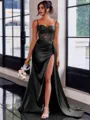 Perfect Sheath Spaghetti Straps Appliques Lace Sweep Train Silk Like Satin Corset Prom Dress