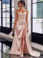 Perfect Sheath Spaghetti Straps Appliques Lace Sweep Train Silk Like Satin Corset Prom Dress