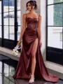 Perfect Sheath Spaghetti Straps Appliques Lace Sweep Train Silk Like Satin Corset Prom Dress