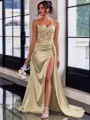 Perfect Sheath Spaghetti Straps Appliques Lace Sweep Train Silk Like Satin Corset Prom Dress