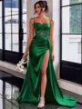 Perfect Sheath Spaghetti Straps Appliques Lace Sweep Train Silk Like Satin Corset Prom Dress