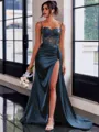 Perfect Sheath Spaghetti Straps Appliques Lace Sweep Train Silk Like Satin Corset Prom Dress
