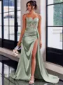 Perfect Sheath Spaghetti Straps Appliques Lace Sweep Train Silk Like Satin Corset Prom Dress