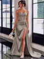 Perfect Sheath Spaghetti Straps Appliques Lace Sweep Train Silk Like Satin Corset Prom Dress
